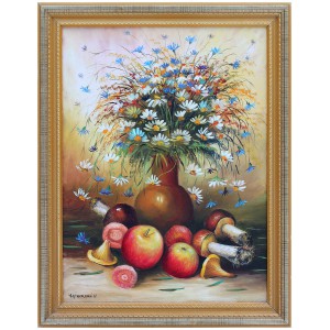 Натюрморт с ромашками, яблоками и цветами